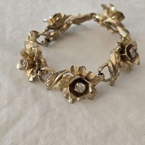 Vintage Coro Gold Floral Bracelet with Crystal Accents